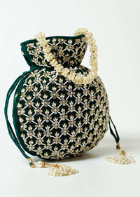 Dark Green Potli Bag In Velvet With Cut Dana And Beads Embroidered Jaal