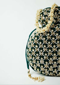 Dark Green Potli Bag In Velvet With Cut Dana And Beads Embroidered Jaal