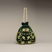Dark Green Potli Bag In Satin With Hand Embroidered Floral Design Using Sequins And Zardosi
