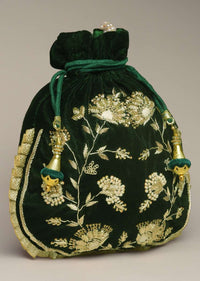 Dark Green Potli Bag In Satin With Hand Embroidered Floral Design Using Sequins And Zardosi