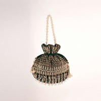 Dark Green Potli In Velvet Heavily Embroidered With Beads And Moti Work In Scalloped And Tassel