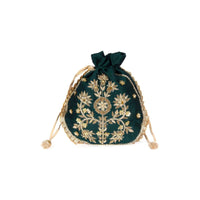 Dark green raw silk potli bag in zardosi and sequins butti kalki