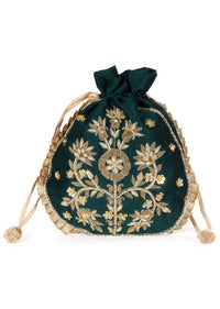 Dark green raw silk potli bag in zardosi and sequins butti kalki