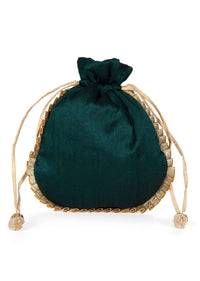 Dark green raw silk potli bag in zardosi and sequins butti kalki