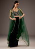 Dark Green Velvet Crop Top Skirt With Heavy Embroidery