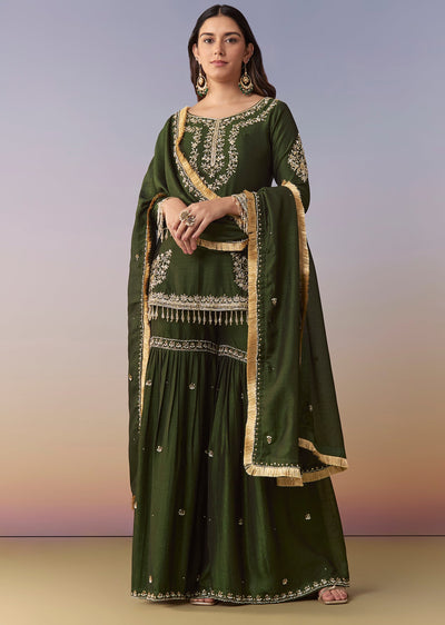 Dark Green Zardosi Sharara Suit Set With Dupatta
