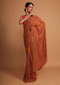 Dark mustard Kashmiri silk saree with multi color jaal embroidery Online - Kalki Fashion