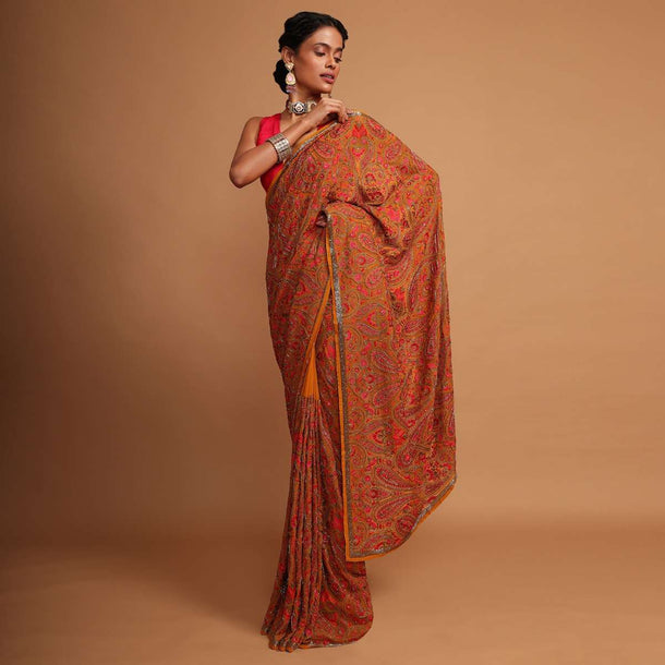 Dark mustard Kashmiri silk saree with multi color jaal embroidery Online - Kalki Fashion