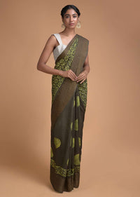 Dark Olive Half And Half Saree In Cotton Silk With Batik Printed Jaal Pattern And Round Motifs Online - Kalki Fashion