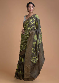 Dark Olive Half And Half Saree In Cotton Silk With Batik Printed Jaal Pattern And Round Motifs Online - Kalki Fashion