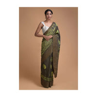 Dark Olive Half And Half Saree In Cotton Silk With Batik Printed Jaal Pattern And Round Motifs Online - Kalki Fashion