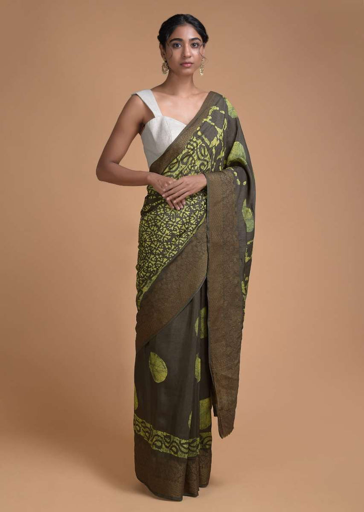 Dark Olive Half And Half Saree In Cotton Silk With Batik Printed Jaal Pattern And Round Motifs Online - Kalki Fashion