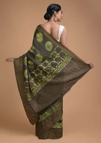 Dark Olive Half And Half Saree In Cotton Silk With Batik Printed Jaal Pattern And Round Motifs Online - Kalki Fashion