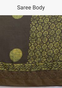 Dark Olive Half And Half Saree In Cotton Silk With Batik Printed Jaal Pattern And Round Motifs Online - Kalki Fashion