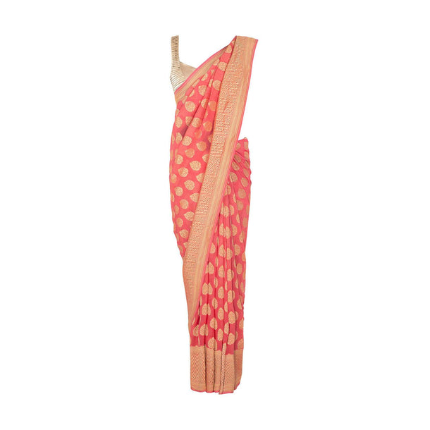 Dark peach georgette saree in weaved butti and border