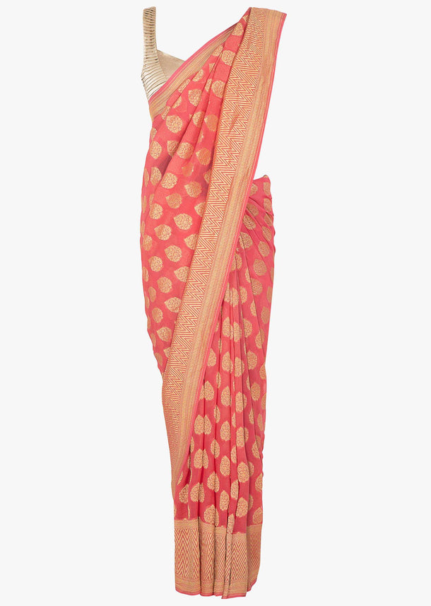 Dark peach georgette saree in weaved butti and border