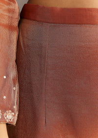 Dark Peach Organza Tissue Kurta Pant With Embroidered Dupatta