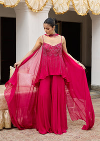 Dark Pink Georgette Sharara Set With Embroidered Kurta And Choker Dupatta