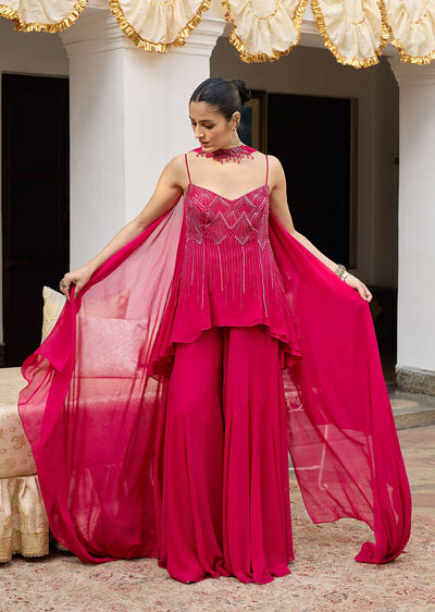 Dark Pink Georgette Sharara Set With Embroidered Kurta And Choker Dupatta
