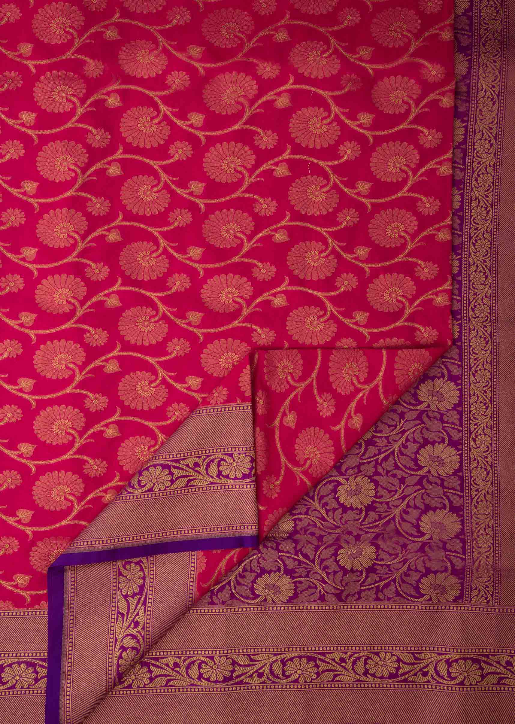 Dark pink saree in chanderi silk with floral jaal weave all over