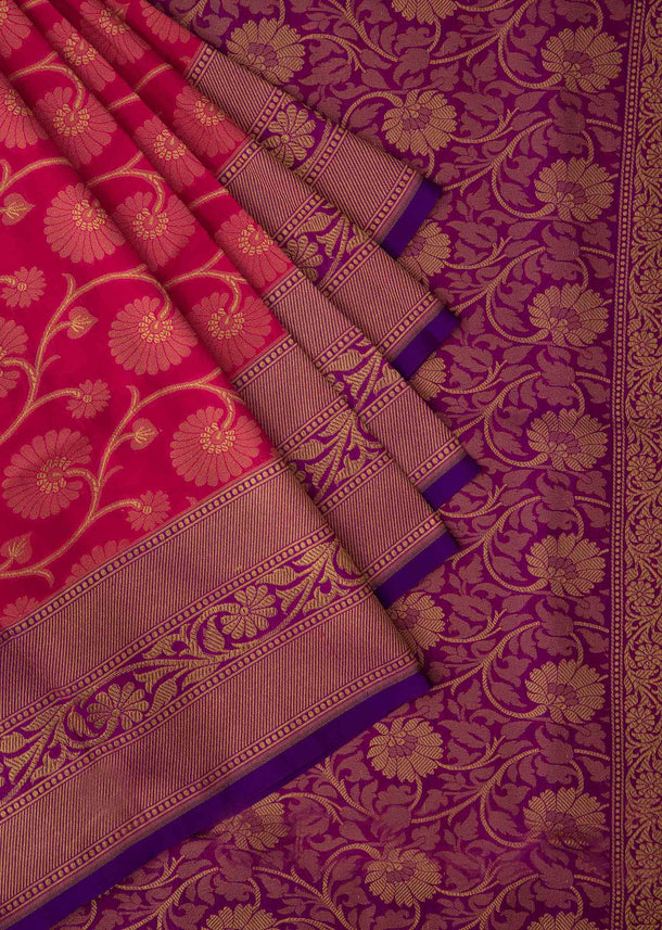 Dark pink saree in chanderi silk with floral jaal weave all over