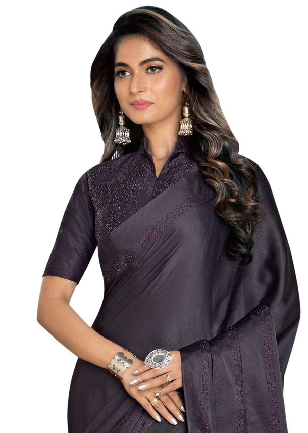 Dark purple saree in satin with kundan embroidered border