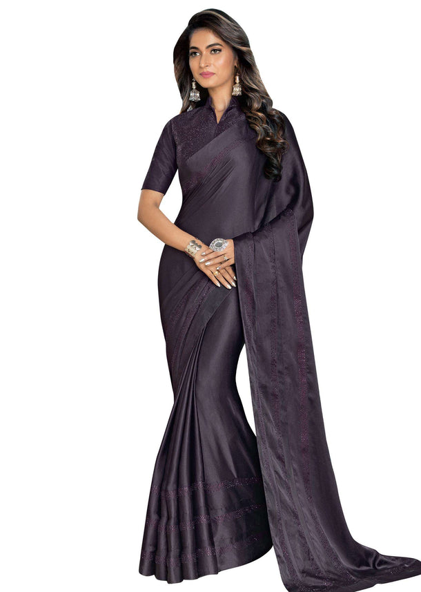 Dark purple saree in satin with kundan embroidered border