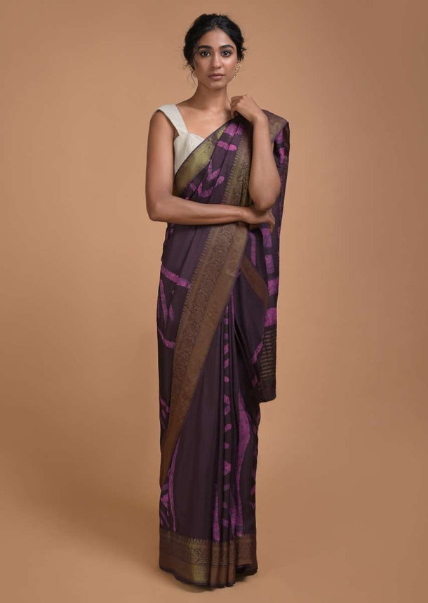 Dark Raisin Purple Saree In Cotton Silk With Batik Print In Tribal And Geometric Pattern Online - Kalki Fashion