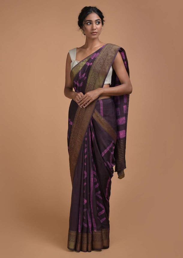 Dark Raisin Purple Saree In Cotton Silk With Batik Print In Tribal And Geometric Pattern Online - Kalki Fashion