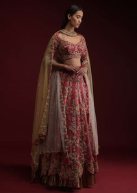 Dark Rani Pink Lehenga Choli In Raw Silk With Hand Embossed Embroidery Work In Floral And Honeycomb Motifs Online - Kalki Fashion