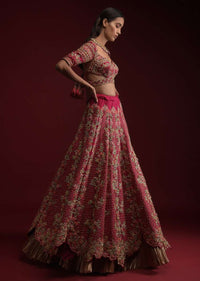 Dark Rani Pink Lehenga Choli In Raw Silk With Hand Embossed Embroidery Work In Floral And Honeycomb Motifs Online - Kalki Fashion