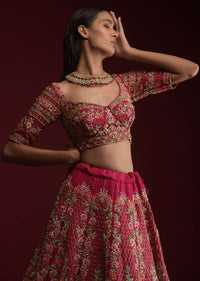 Dark Rani Pink Lehenga Choli In Raw Silk With Hand Embossed Embroidery Work In Floral And Honeycomb Motifs Online - Kalki Fashion