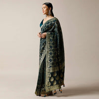 Dark Teal Banarasi Saree In Georgette With Woven Bandhani And Jaal Design