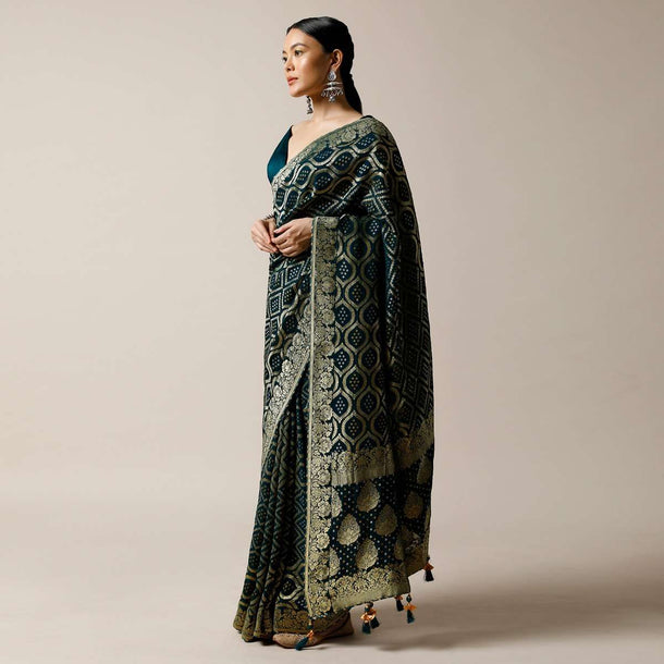 Dark Teal Banarasi Saree In Georgette With Woven Bandhani And Jaal Design