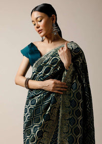 Dark Teal Banarasi Saree In Georgette With Woven Bandhani And Jaal Design