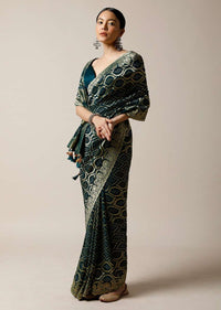 Dark Teal Banarasi Saree In Georgette With Woven Bandhani And Jaal Design