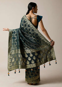 Dark Teal Banarasi Saree In Georgette With Woven Bandhani And Jaal Design