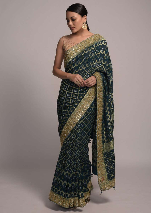 Dark Teal Banarasi Saree In Georgette With Woven Checks And Bandhani Design