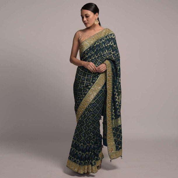 Dark Teal Banarasi Saree In Georgette With Woven Checks And Bandhani Design