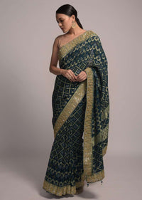 Dark Teal Banarasi Saree In Georgette With Woven Checks And Bandhani Design