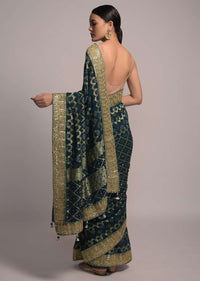 Dark Teal Banarasi Saree In Georgette With Woven Checks And Bandhani Design