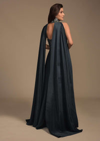 Dark Teal Green Indowestern Gown In Crushed Lycra With Embellished Bodice And Fancy Cape Online - Kalki Fashion