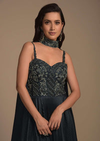 Dark Teal Green Indowestern Gown In Crushed Lycra With Embellished Bodice And Fancy Cape Online - Kalki Fashion