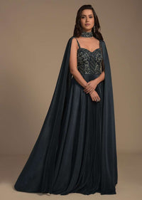 Dark Teal Green Indowestern Gown In Crushed Lycra With Embellished Bodice And Fancy Cape Online - Kalki Fashion