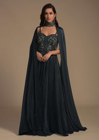 Dark Teal Green Indowestern Gown In Crushed Lycra With Embellished Bodice And Fancy Cape Online - Kalki Fashion