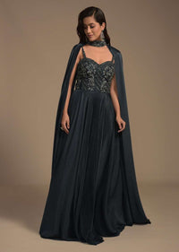 Dark Teal Green Indowestern Gown In Crushed Lycra With Embellished Bodice And Fancy Cape Online - Kalki Fashion