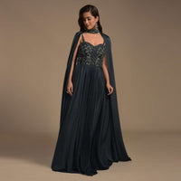 Dark Teal Green Indowestern Gown In Crushed Lycra With Embellished Bodice And Fancy Cape Online - Kalki Fashion