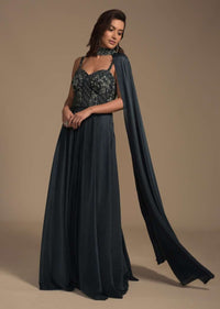 Dark Teal Green Indowestern Gown In Crushed Lycra With Embellished Bodice And Fancy Cape Online - Kalki Fashion