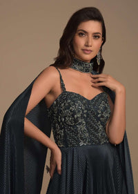 Dark Teal Green Indowestern Gown In Crushed Lycra With Embellished Bodice And Fancy Cape Online - Kalki Fashion