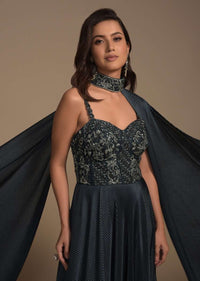 Dark Teal Green Indowestern Gown In Crushed Lycra With Embellished Bodice And Fancy Cape Online - Kalki Fashion